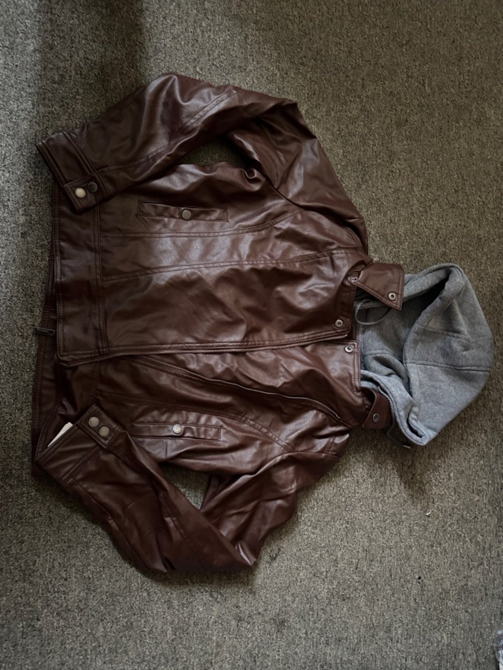 Women’s Brown Faux Leather Jacket with Gray Hood